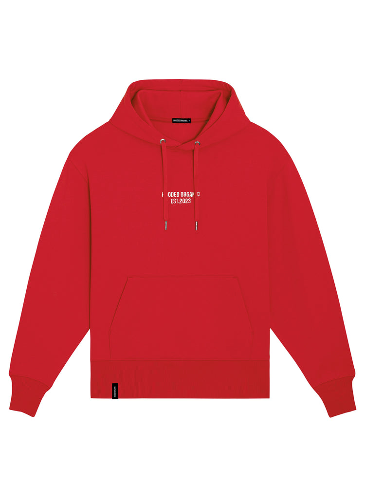 Rød hoodie med Hooded Organic-logo set bagfra – 100% økologisk bomuld og afslappet pasform
