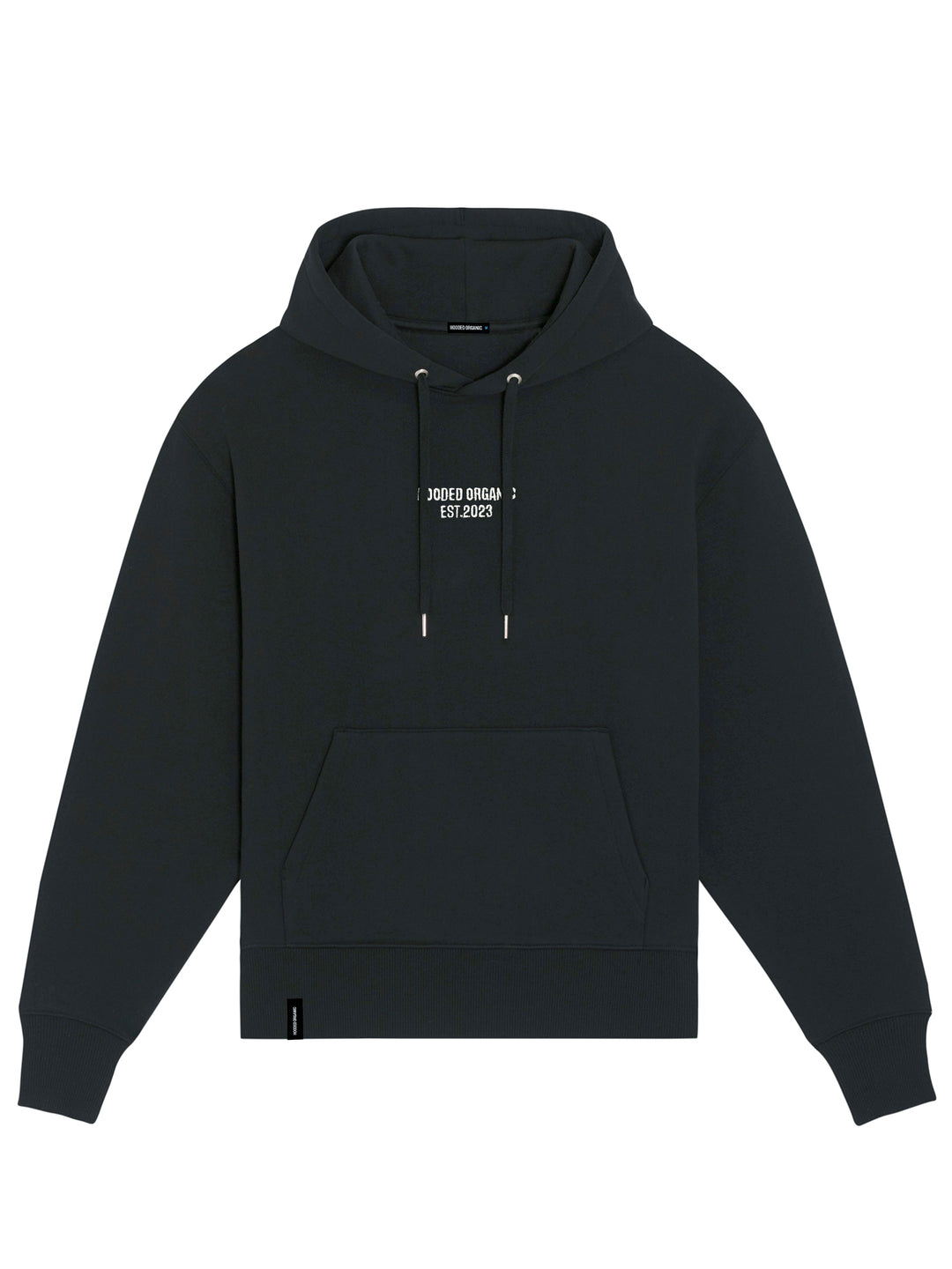 Produktbillede af sort hoodie set forfra med Hooded Organic-logo – lavet i 100% økologisk bomuld

