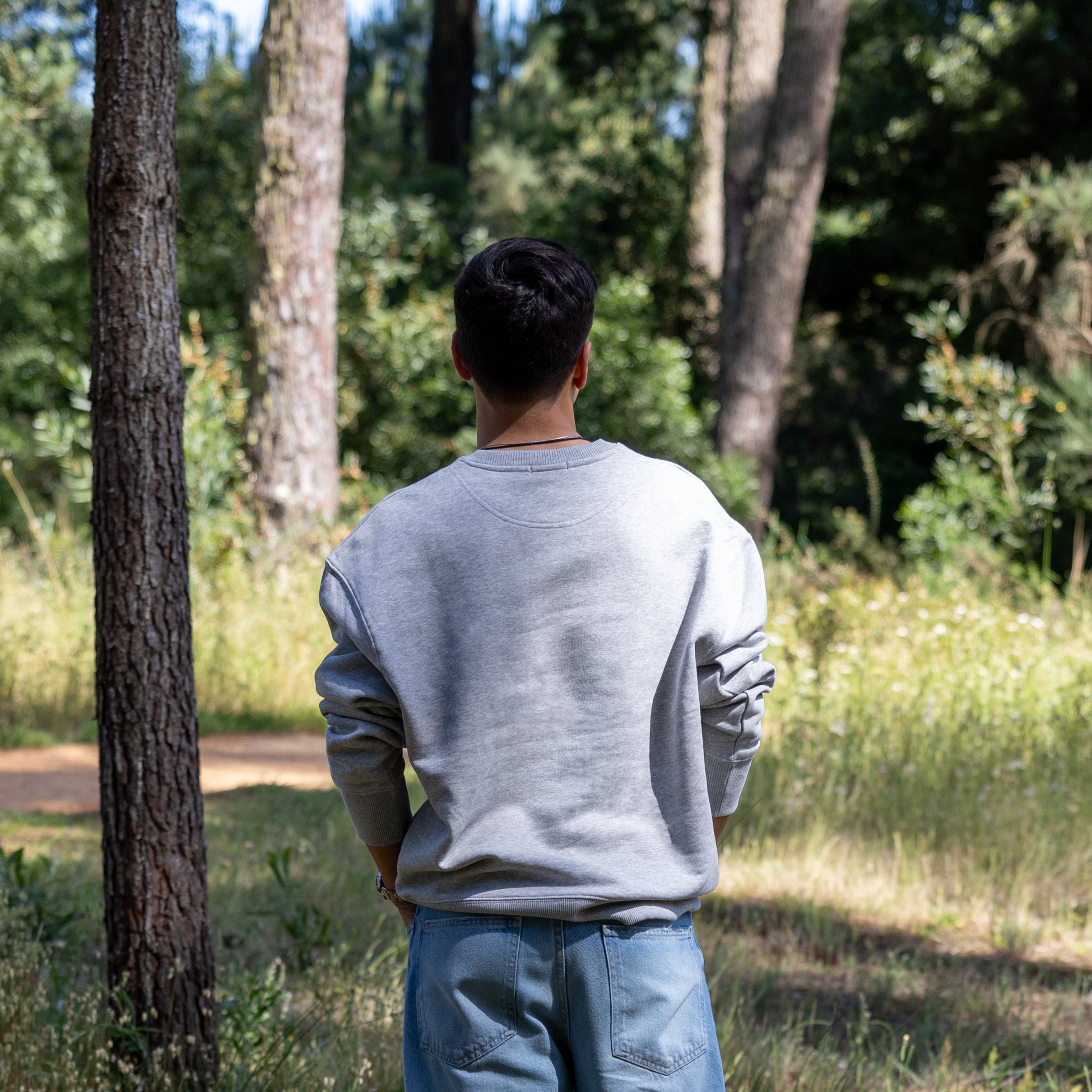 Mandelig model i grå sweatshirt set bagfra – 100% økologisk bomuld og afslappet komfort
