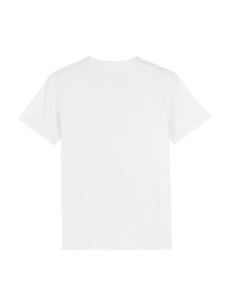 Hvid T-shirt set bagfra – enkelt produktbillede i 100% økologisk bomuld
